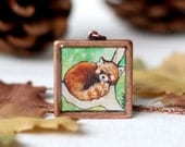 Red Panda necklace, hand painted pendant, copper, red panda jewelry, woodland, ORIGINAL PAINTING