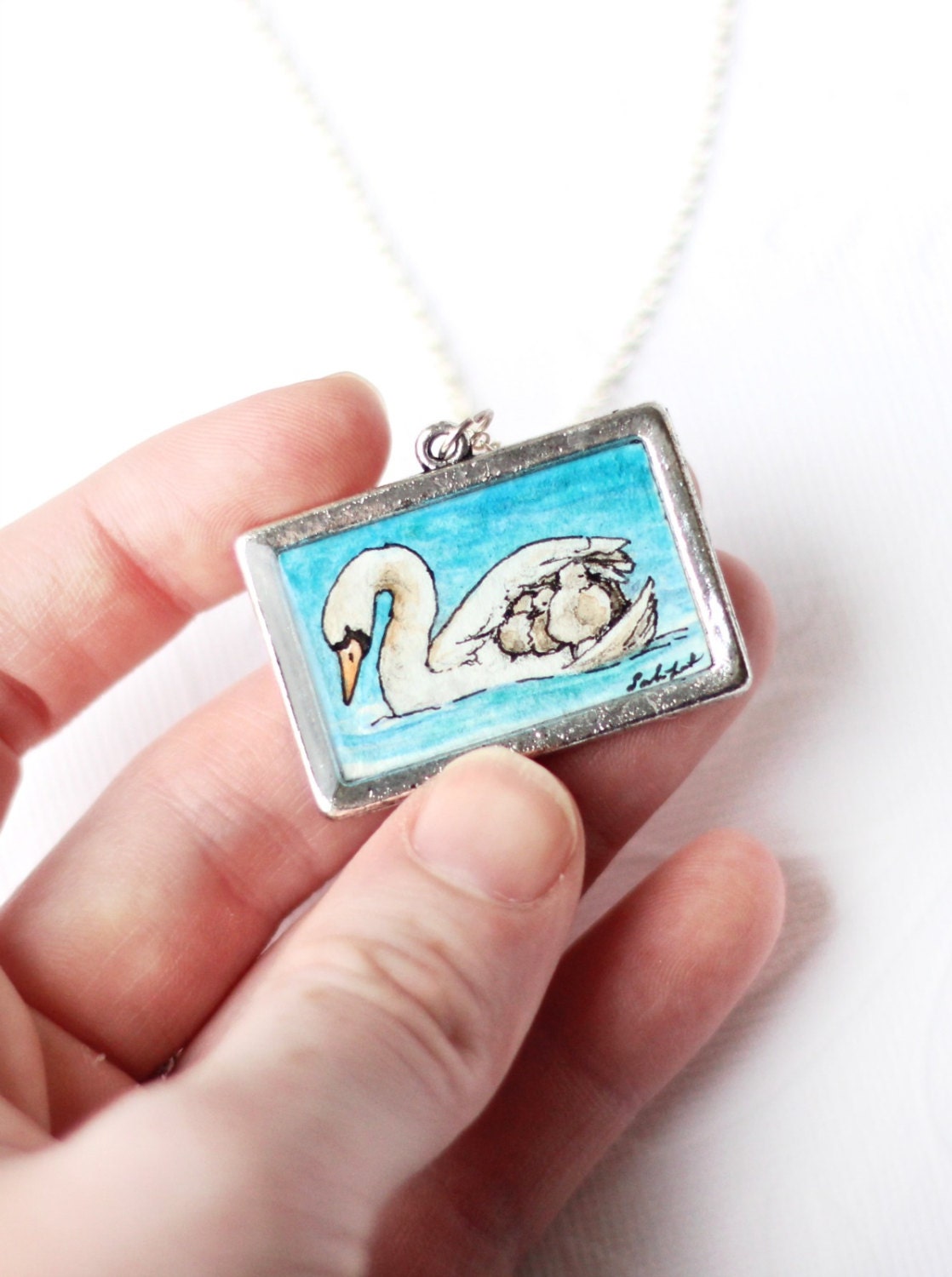 Mother's Day jewelry, Swan Family necklace hand painted, swan pendant for mom, ONE OF A KIND