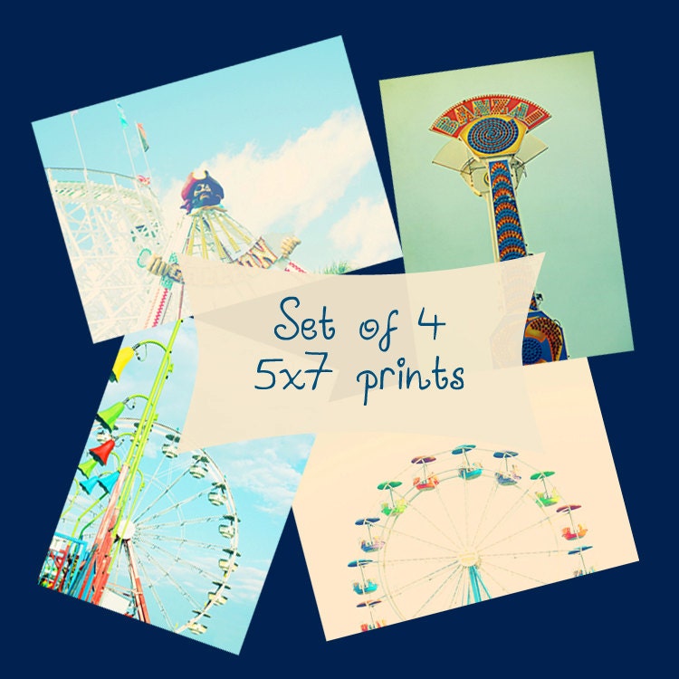 Boy nursery art carnival photo set of 4 5x7 prints ferris wheel amusement park nursery decor blue red yellow fun wall art boys room