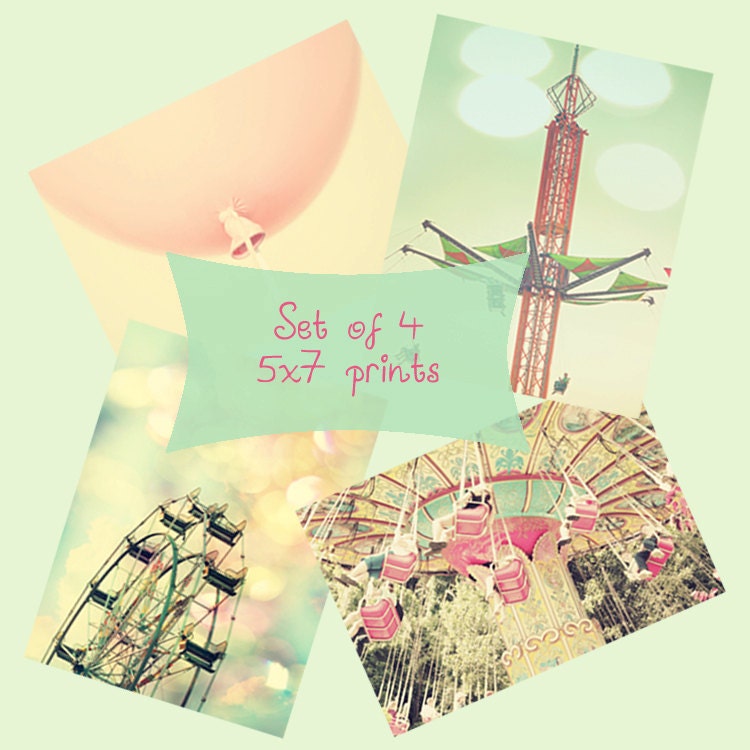 carnival photo set girl nursery art four 5x7 photographs pink mint green wall art ferris wheel carnival swing art for girls