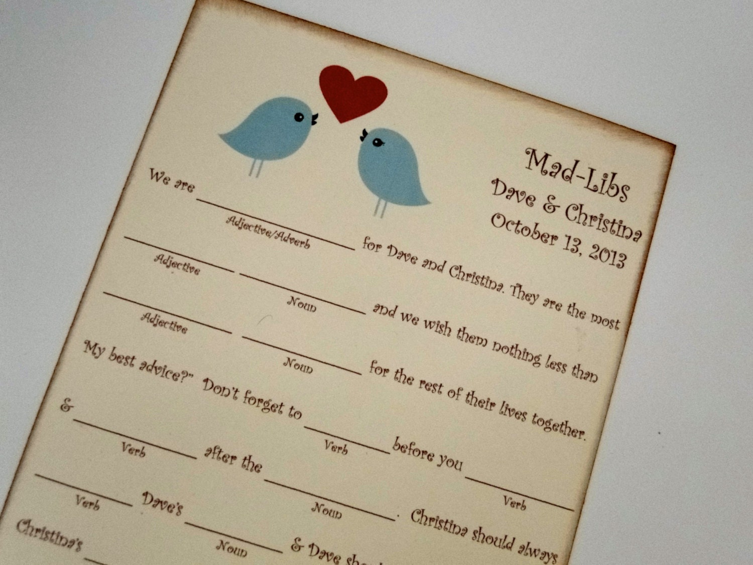 Wedding Guest Book Alternative Mad-Lib Cards - Set of 50 - Blue Love Bird Cards