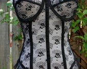 Black Lace Bustier Sheer Strapless Garters Boning 34-36B LowBack Vintage Retro Sexy Rocker