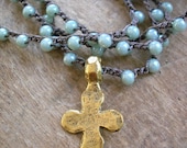 Long crochet necklace gold cross necklace - Inner Faith - wrap necklace bohemian jewelry, layering boho, celadon, religious, dainty