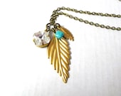 Summer Leaves Necklace, Charm Necklace with Brass Turquoise and Vintage Gem, Handmade Jewelry