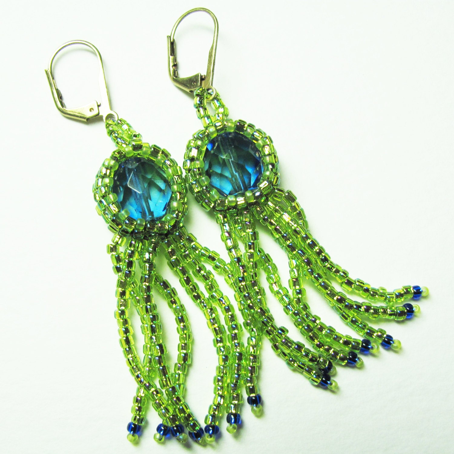 Beadwork Leverback Earrings - Peyote Bezeled and Finge - Peridot Green Glass Seed Beads and Blue Firepolished Bead - SRAJD
