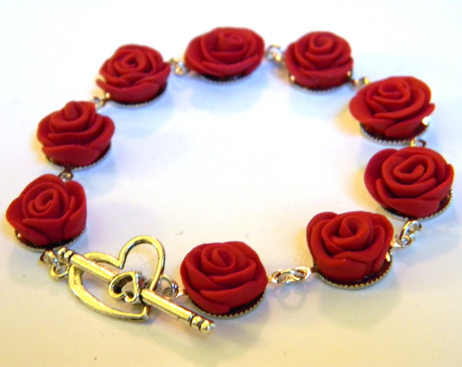 Valentines Day Jewelry - Red Rose Link Bracelet - Handmade Polymer Clay Flower Jewelry - Unique - Any Color - Gifts Under 20, 25, 30