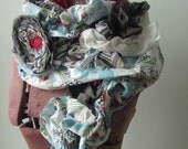 Upcycled Clothing / Tattered Fabric Ruffle Scrap Scarf with Matching Flower Brooch / Women Accessories Scarves / Mori Girl Clothing