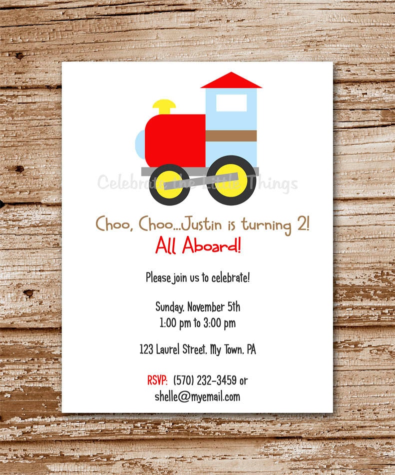 SET of 12 Choo Choo TRAIN Invitations : Red, Light Blue, Brown Il_570xn