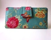 Handmade vegan women wallet teal- blue garden pink yellow flowers, butterflies  Ready to Ship