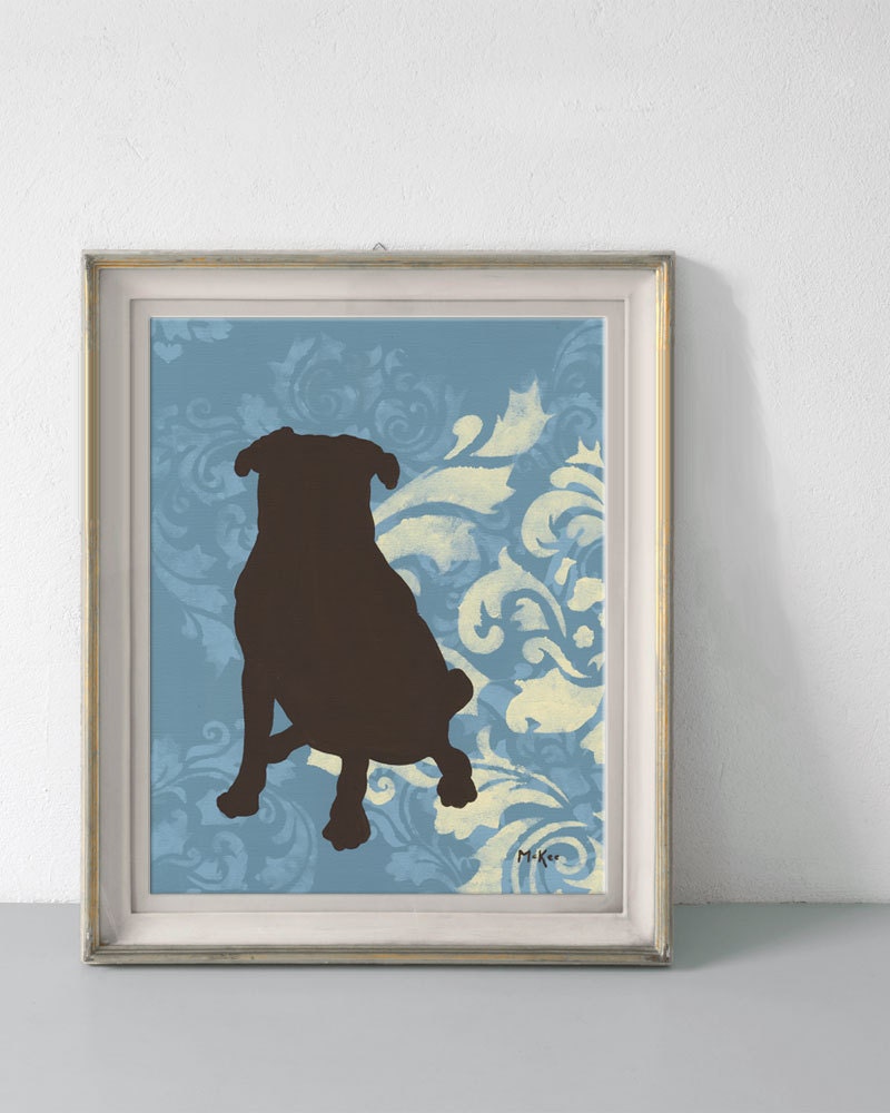 Dog Art Print, Silhouette Blue Wall Decor, 11 x 14 inches