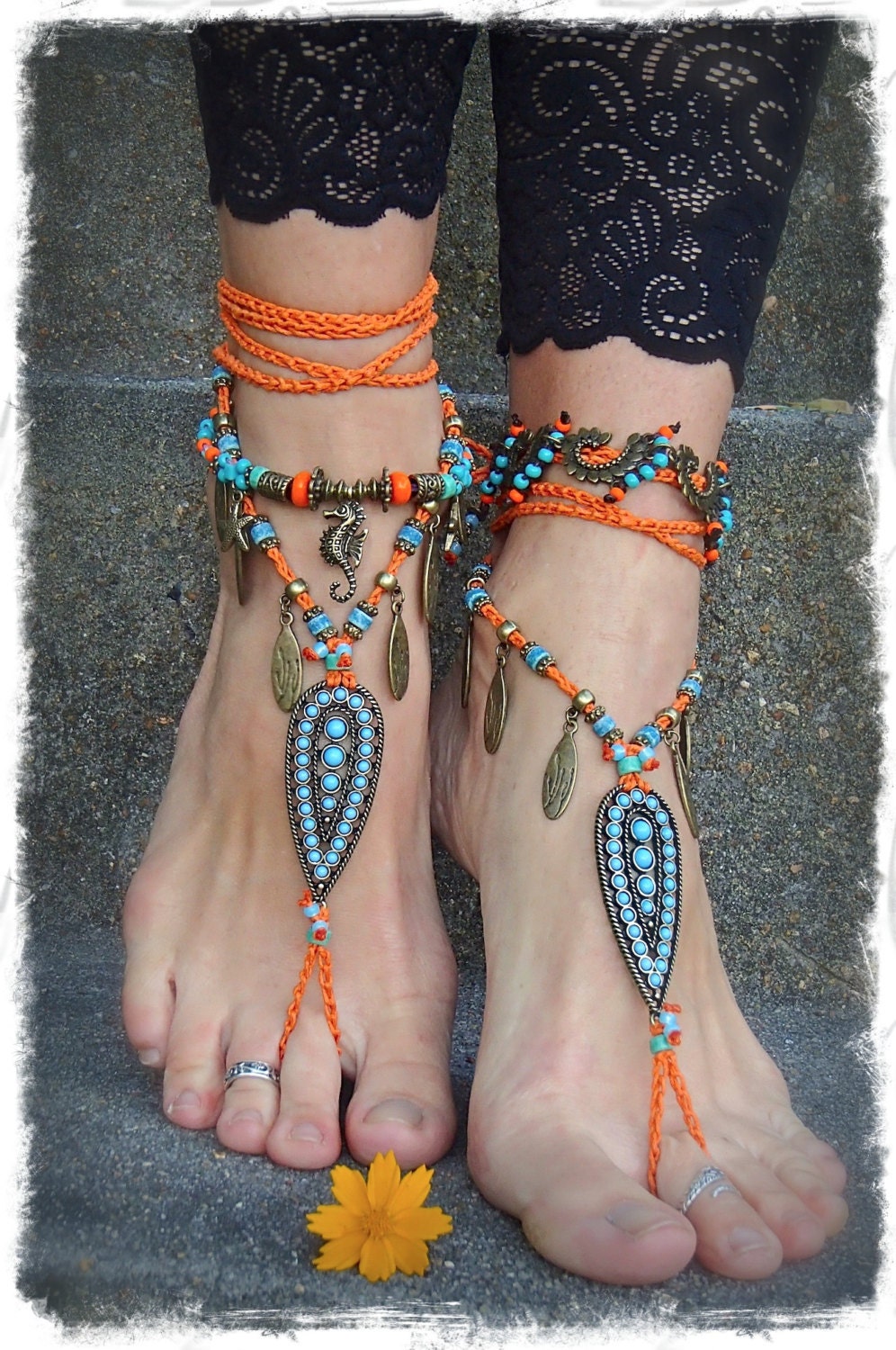 Indie BAREFOOT Sandals Brass Toe Anklets crochet Gypsy Sandals sole less shoes Wanderlust crochet anklets ORANGE Barefoot Wedding