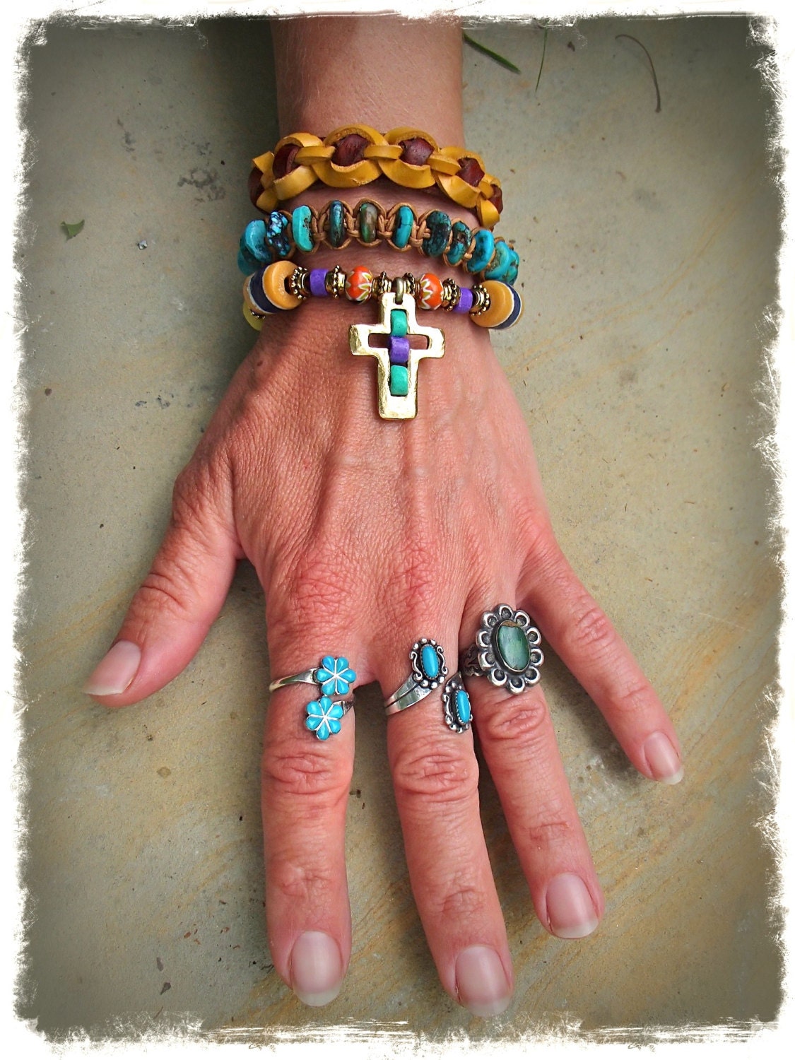 African CROSS BRACELET Chunky Bracelet Gold Cross Religious bracelet Hippie Spiritual jewelry Cowgirl bracelet Chevron beads Colorful