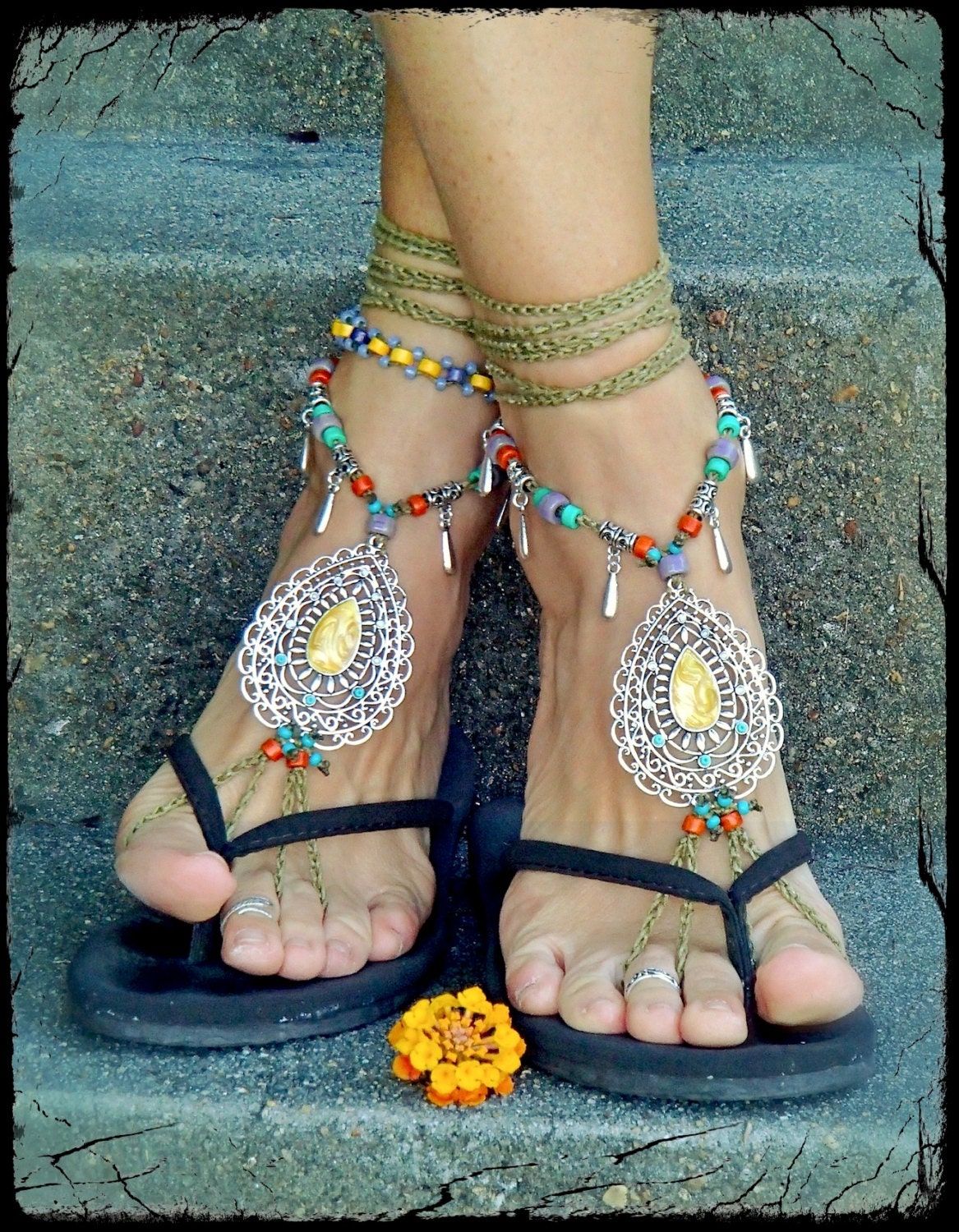 INDIE Paisley BAREFOOT sandals Khaki TAN sandals crochet Gypsy Sandals Wanderlust crochet anklets Barefoot Wedding Toe thong Indian Wedding