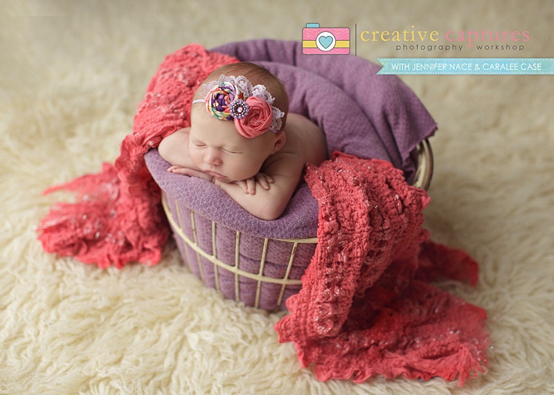 Gemma- Purple and coral double rosette with lace headband