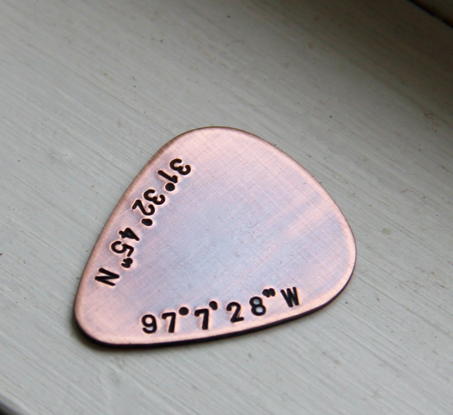 Custom Coordinates / Latitude & Longitude Guitar Pick in Handstamped Copper - Perfect Gift for Anniversary, Wedding