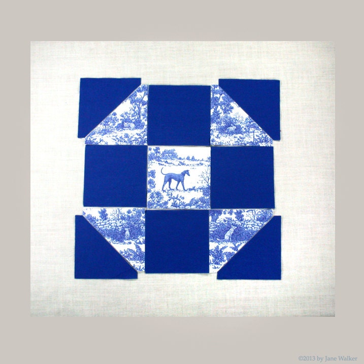 Die Cut Quilt Block, Greyhound print with foxes and rabbits, Pre Cut blue toile fabric, 9 inch finished size . sit r