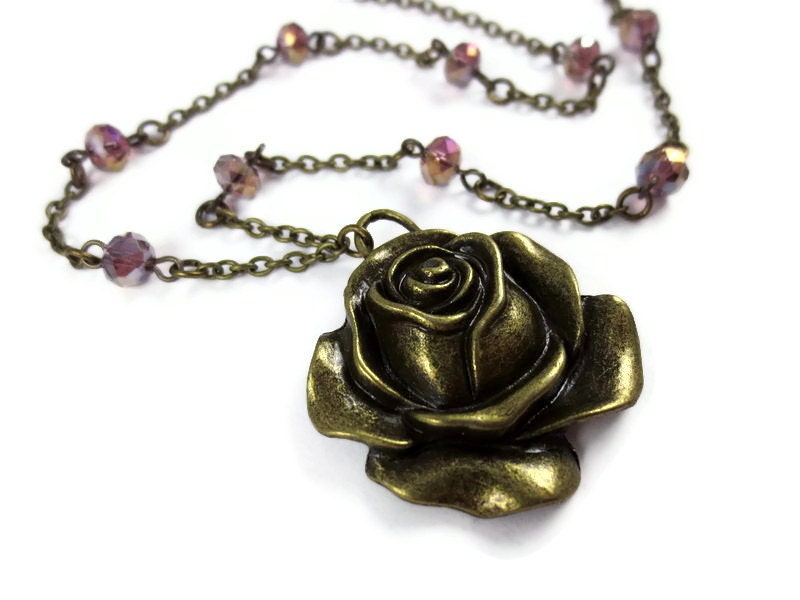 Brass Rose Necklace - Pendant Crystal Beaded Victorian Boho Antiqued Chain