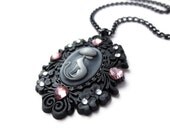 Kitty Love Statement Necklace - Cat Necklace, Cat Lover Necklace, Pink Black Cameo Necklace, Kitsch Kawaii Jewelry