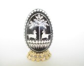 Black and White Goose egg with horses, Ukrainian Easter egg Pysanky