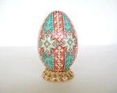 Turquoise and red Pysanka, Ukrainian Easter egg, Goose egg shell hand painted batik style