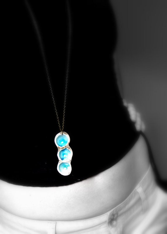 Water Droplets porcelain pendant on long chain.