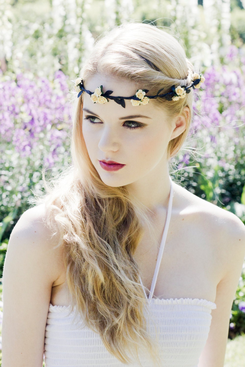 Yellow Floral and Black Ivy Leaf Trim Fairy Festival Flower Hair Crown Hair Garland