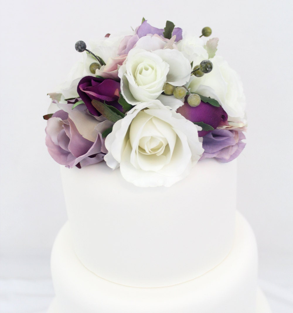 Wedding Cake Topper - White, Lavender Rose and Hydrangea, Silk flower cake wedding topper