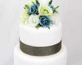 Wedding Cake Topper - White, Green, Aqua Rose Silk Flower Cake Topper, Wedding Cake Flowers, Fake Flower Topper
