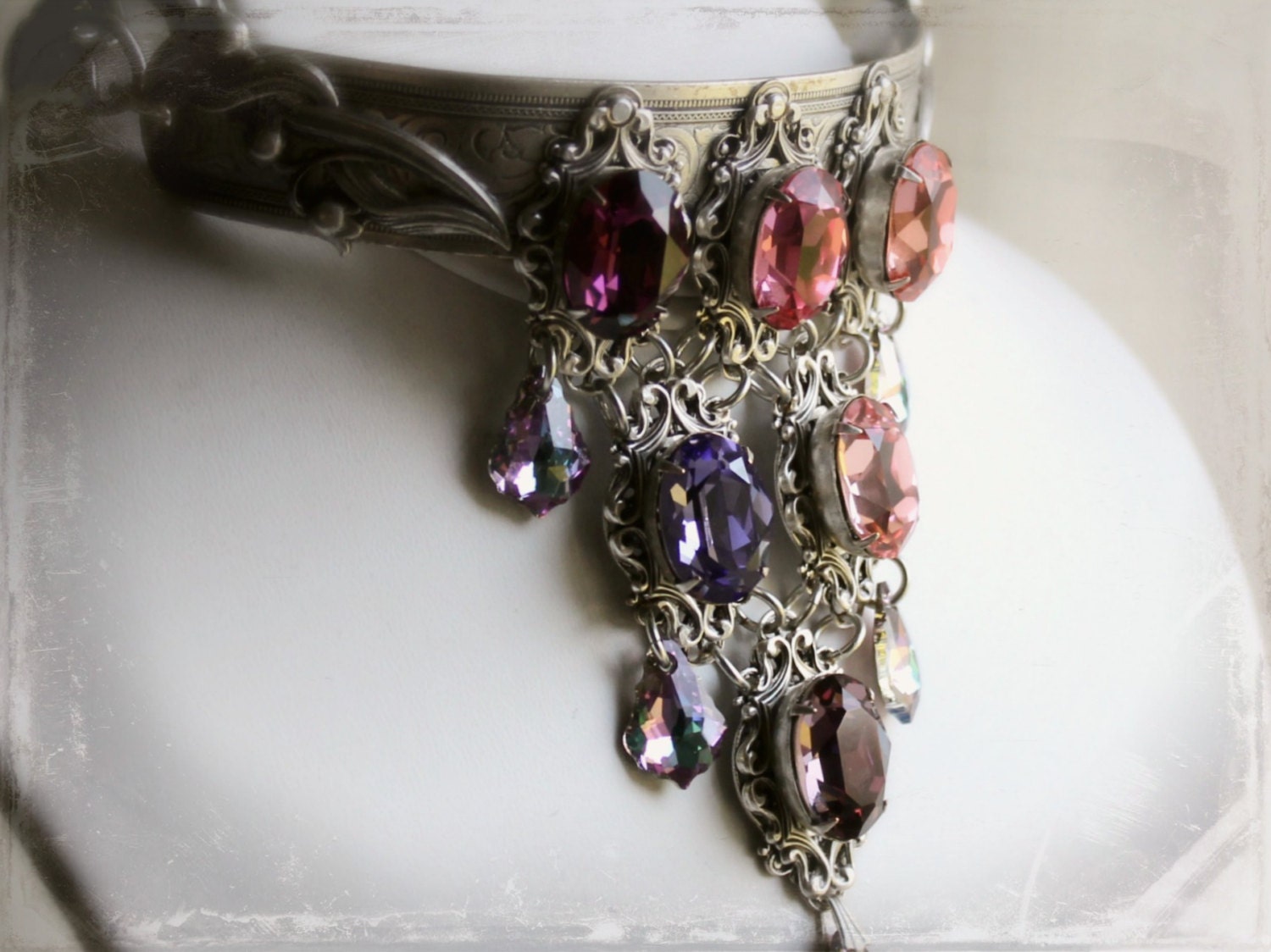 Nebulae Aged Silver and Swarovski Collar - Silver - Pink - Purple - Statement Piece - Victorian - Fantasy - Bridal