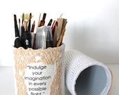 Crochet Pencil Holder Shabby Chic Home Decorating Faux Flower Container Jane Austen Quote