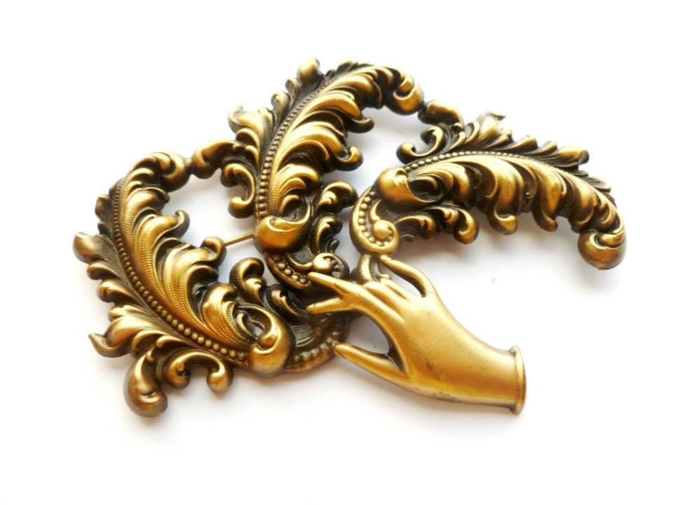 Joseff of Hollywood Large Figural Hand Brooch Vintage Designer Gold Tone