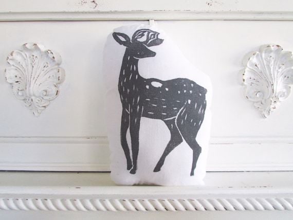 Plush Deer Pillow in Grey. Hand Woodblock Printed. Customizable Colors. Made to Order.