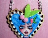 Baby Blue and her Pink Cherries Hand Painted Original Art Heart Pendant Necklace