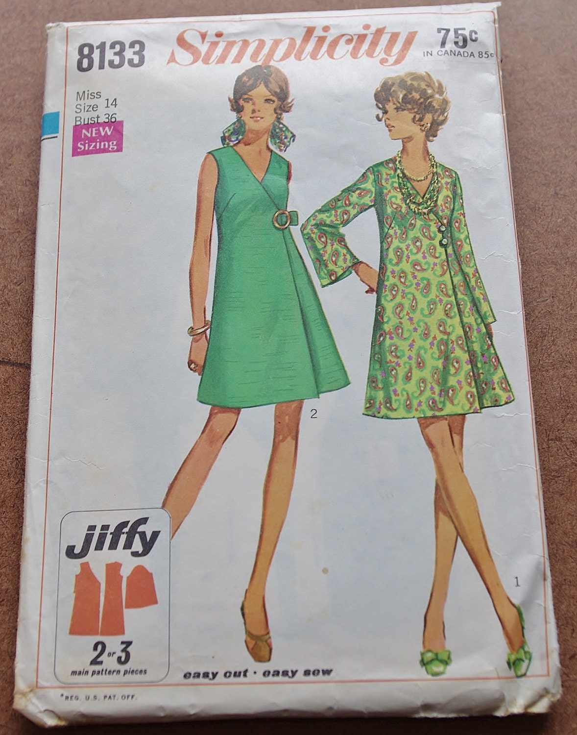 Vintage Simplicity 8133 60s Wrap Dress -- Mod A Line Bell Sleeves or Sleeveless Jiffy Pattern -- Simple to Sew -- Size 14 Bust 36