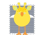 GIRAFFE BIRD print, nursery wall art, cute monster, giraffe, digital illustration, baby nursery wall decor, digital print, gray, yellow