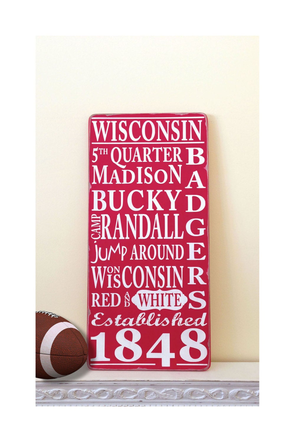 WISCONSIN BADGERS Madison Typography Word Art Wood Sign  - Hand Painted in Red and White