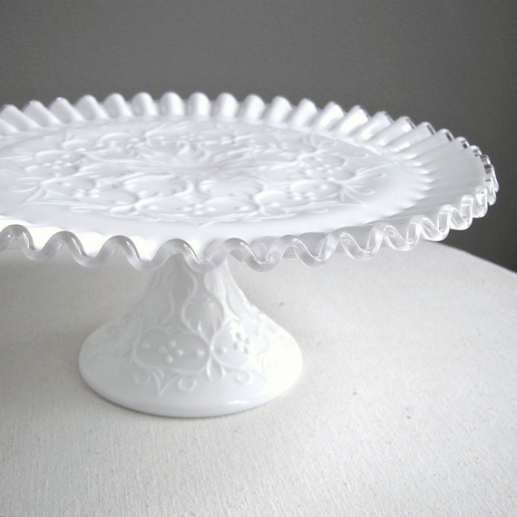 Milk Glass Cake Plate by Fenton - Silver Crest Spanish Lace Wedding Decor