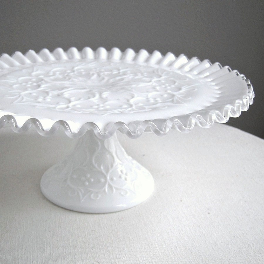 Milk Glass Cake Plate by Fenton - Silver Crest Spanish Lace Wedding Decor