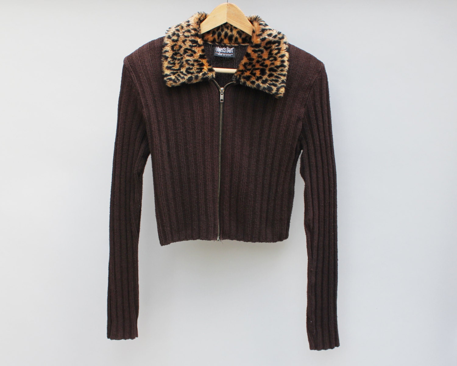 90s vintage cropped zip front sweater, faux fur cheetah collar - Small
