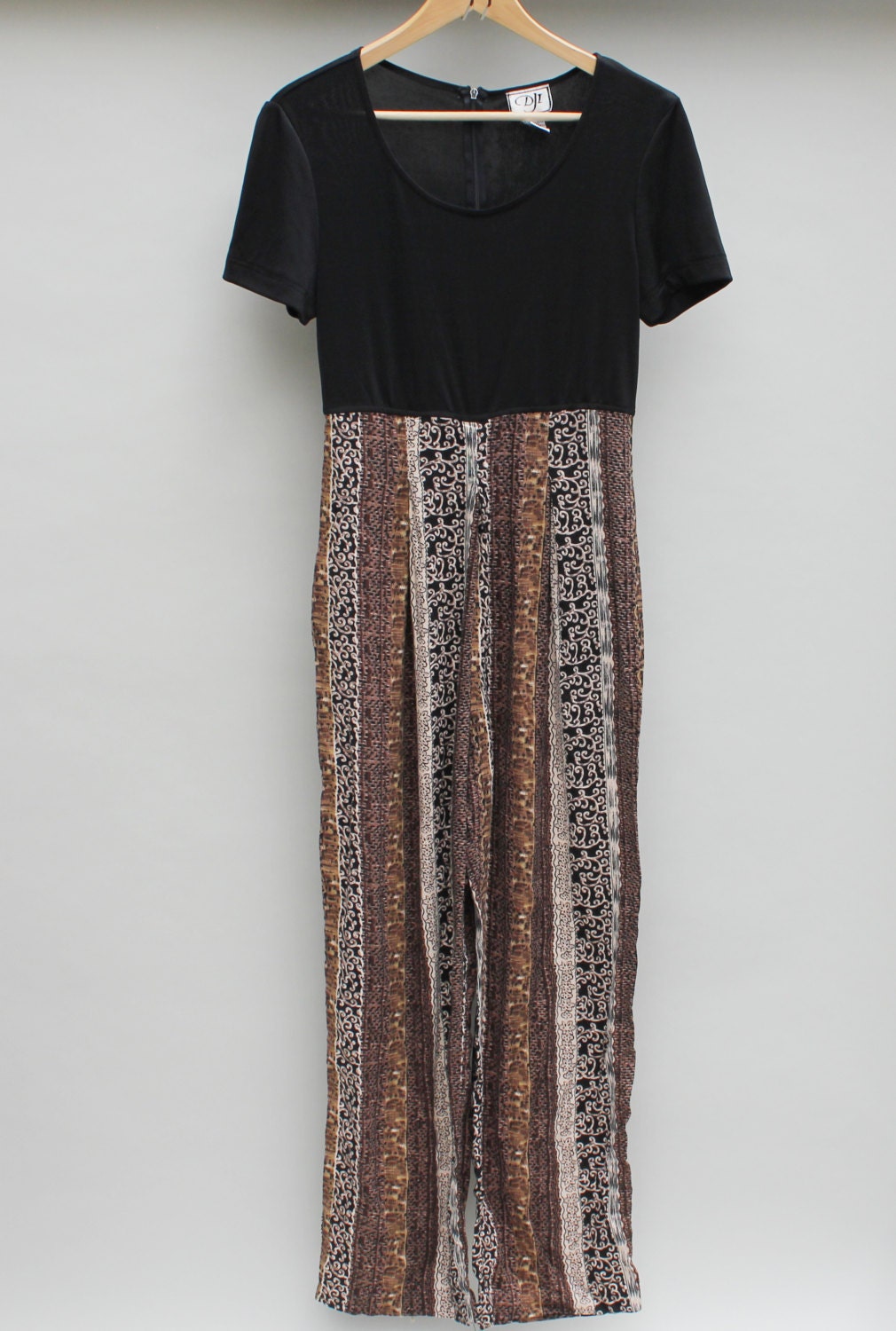 90s vintage jumpsuit, brown, tan, black, beige floral striped pattern legs, black short sleeved top - Small