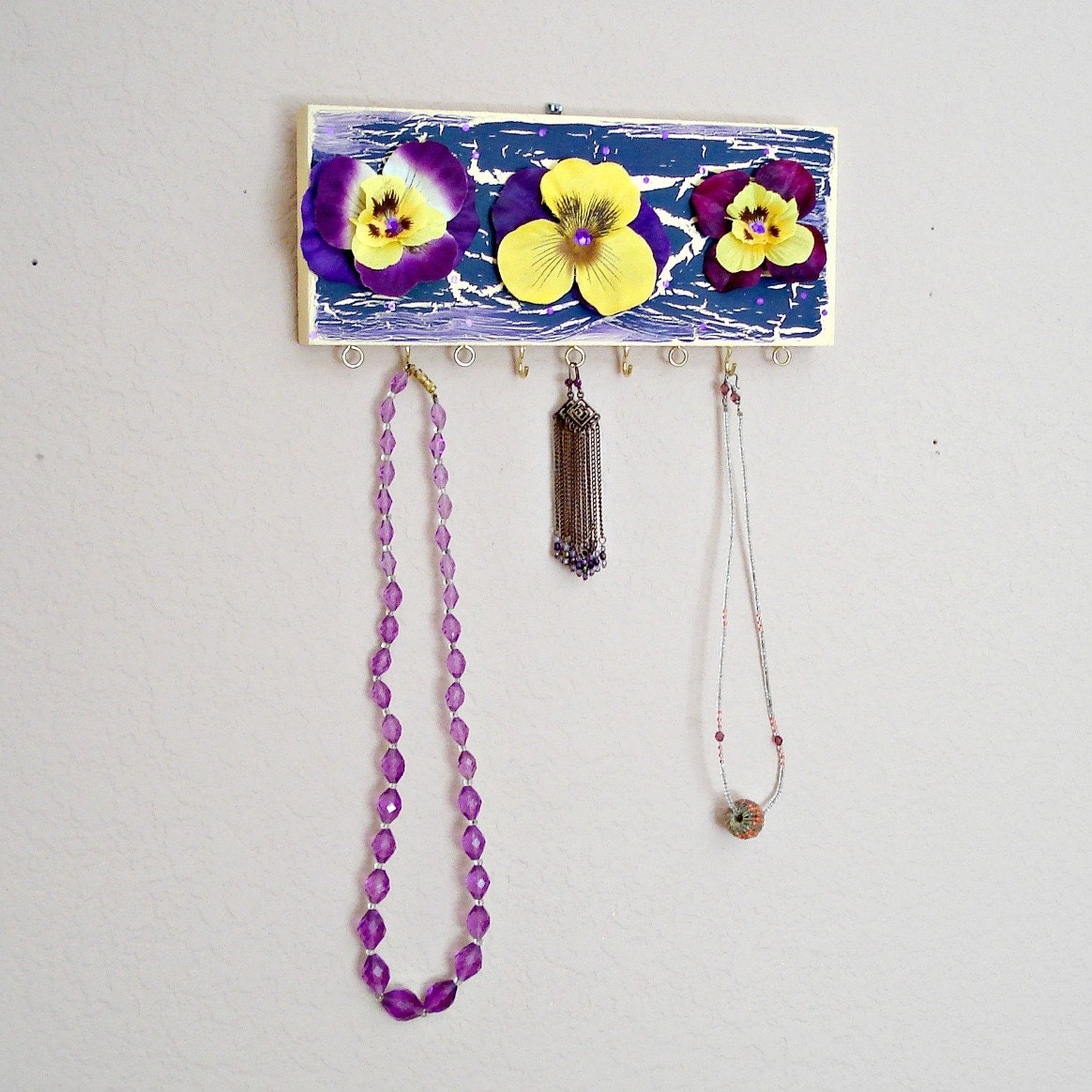 Jewelry Hanger - Purple and Yellow Pansies