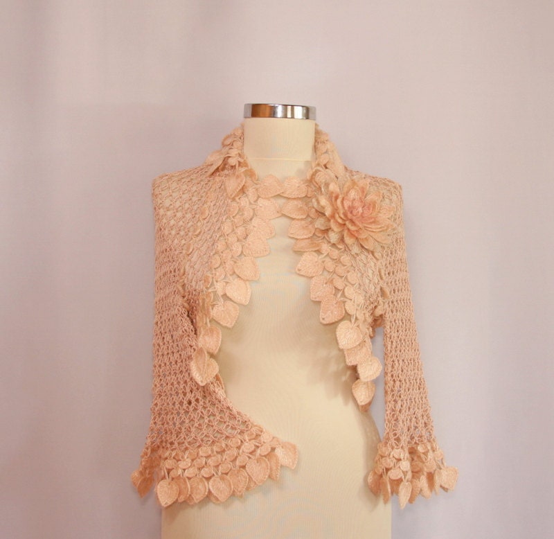 Against The Wind / Crochet Shrug Solmon Pink Silver Gold Bolero Wedding Bridal Shrug Bolero Jacket S M L / by Lilithist