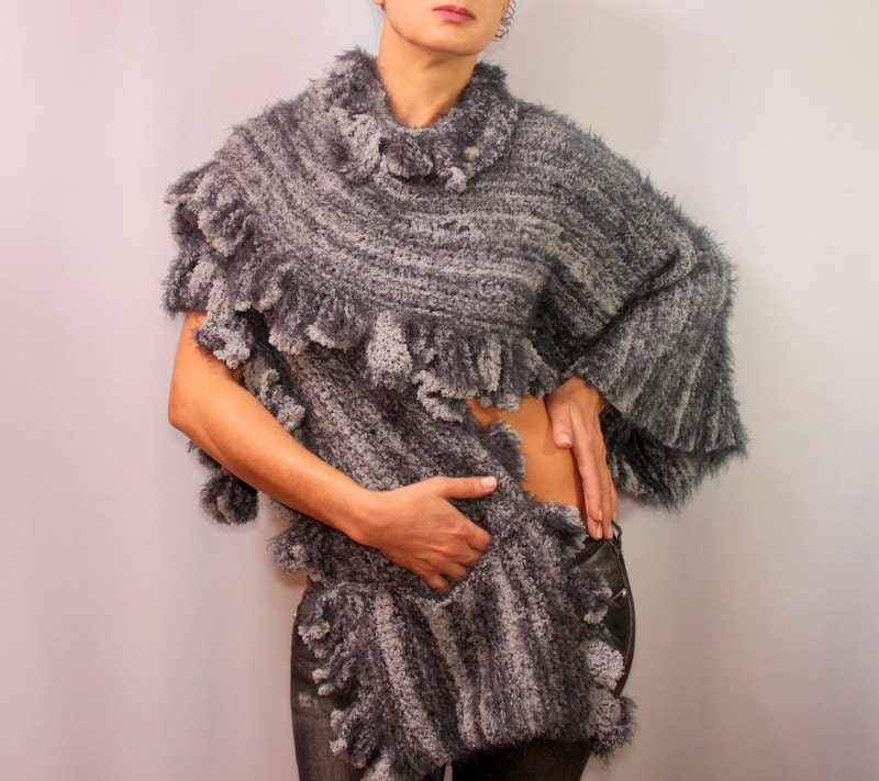 Wrapping Me Softly / Luxury Crochet Knit  Poncho Shawl Wrap Black Charcoal Grey Unique Ombre Sweater Poncho Cardigan Jacket  By Lilithist