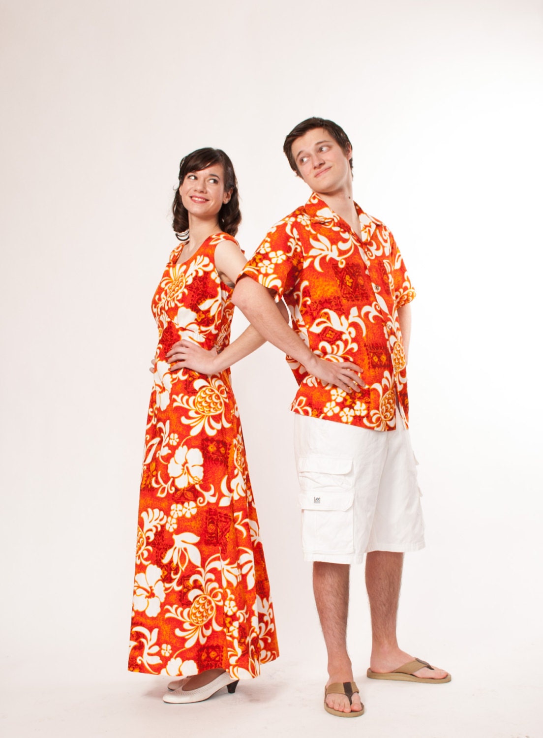 1960s Hawaiian Honeymoon Set - 60s Matching Hawaiian Dress and Shirt - Orange and White Floral Barkcloth