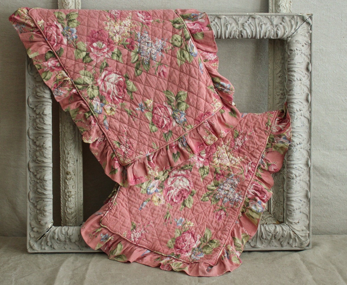 Vintage Lush Roses on Salmon Pink Barkcloth Pillow Shams