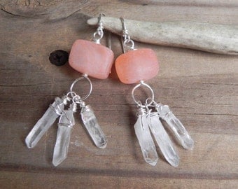 crystal point drop earrings, crystal point earrings, modern cube and crystal point earrings, crystal fringe drops, free worldwide shipping