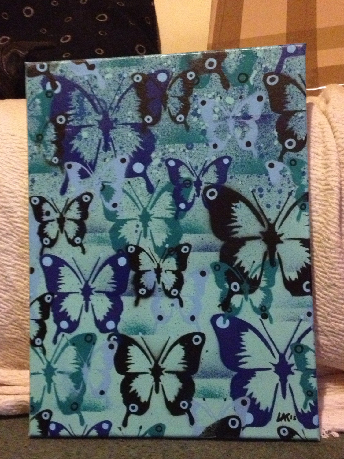 painting of butterflies in a abstract style on canvas,stencils and spraypaints,posca,blue,green,wall art,patterns,europe,home,gift,living