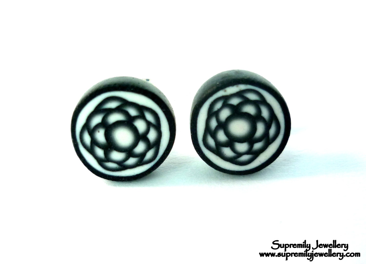 Sacred Geometry Stud Earrings Monochrome Fimo Black and White Wearable Art