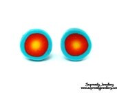 Turquoise Red Sunburst Stud Earrings Fimo Polymer Clay Wearable Art