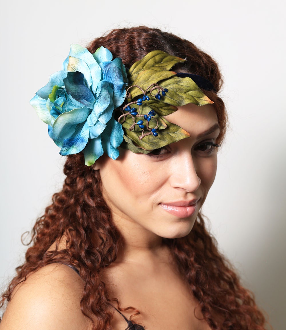 Blue Nature Goddess Elastic Headband - bohemian, woodland, garden